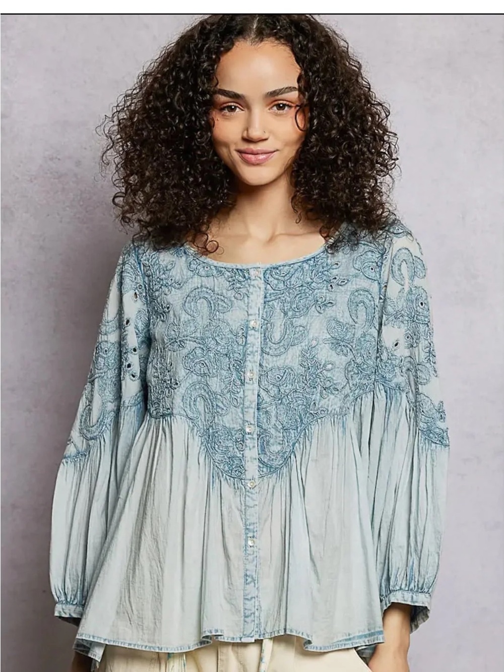 POL Vintage Wash Embroidered Peasant Blouse